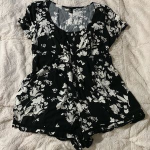 F21 Black and White Flowers Button Up Romper